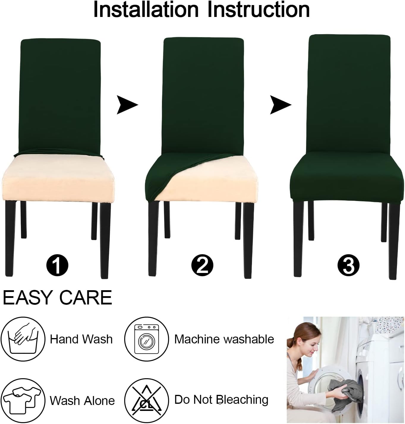 JQinHome Chair Covers for Dining Chairs, High Stretch Removable Washable Chair Protector Cover Set of 2, Chair Slipcovers for Dining Room, Kitchen,Home Party,Wedding Ceremony(Hunter Green, 2PC)