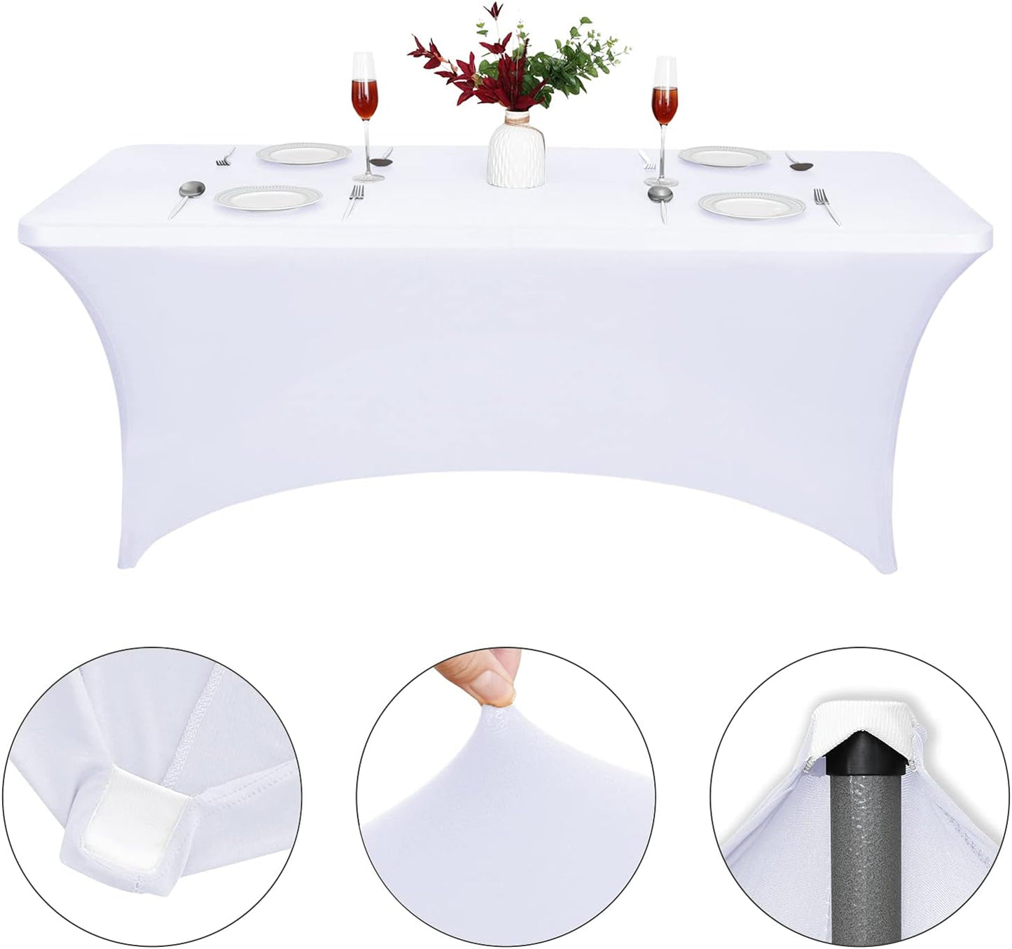 CWK 6FT Stretch Spandex Table Cover for Rectangular Tables - Elastic Fitted Tablecloth for Folding Tables, Wrinkle Resistant, Durable Table Protector for Parties,Weddings,Banquets &Events (White)