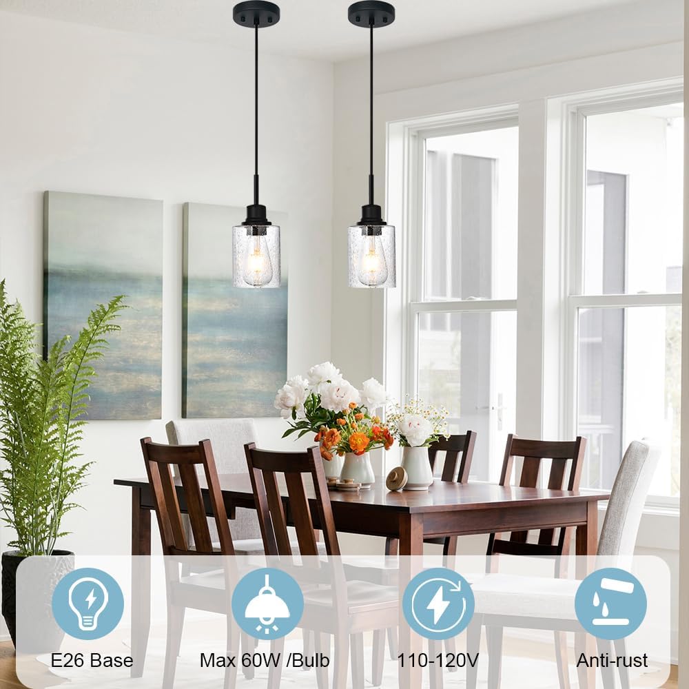 Modern Farmhouse Pendant Lighting for Kitchen Island,Industrial Dining Room Light Fixtures Hanging Over Table with Seeded Glass,2 Pack Black Pendant Lights Mini Chandeliers for Sink Bar