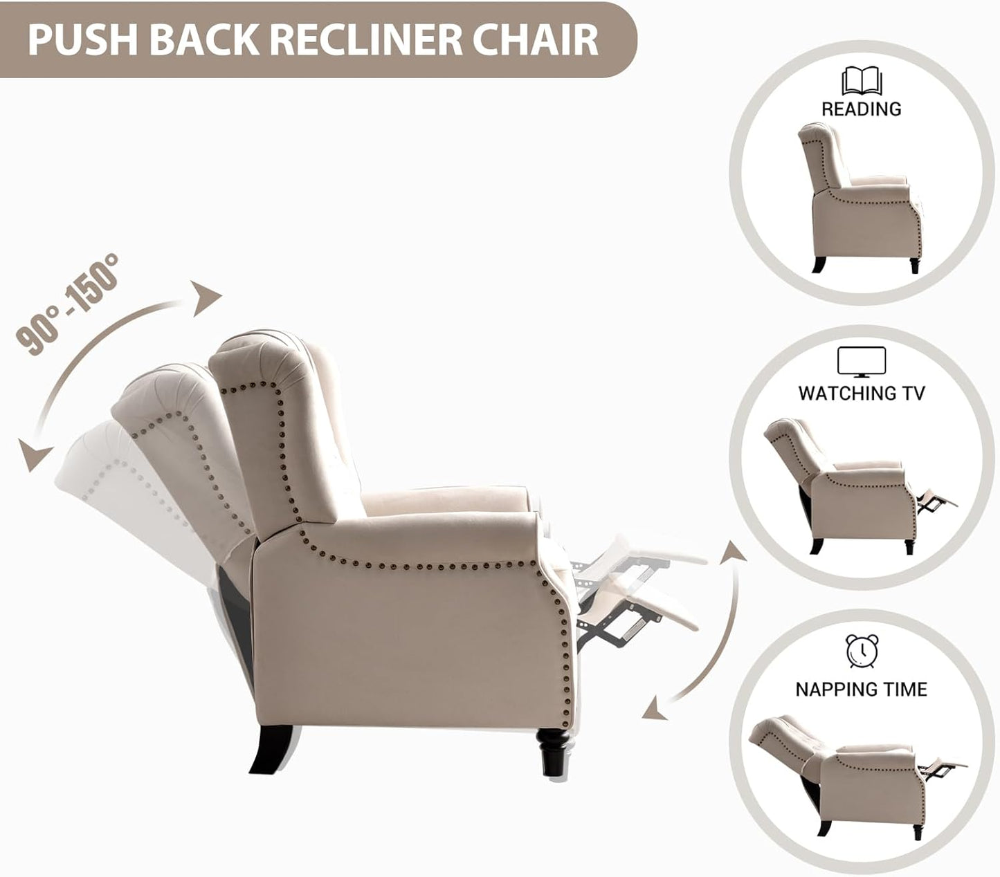 EBELLO 2 Pcs Pushback Recliner Chairs, Fabric Armchair Push Back Recliner with Rivet Decoration, Single Sofa Accent Chair for Living Room, Bedroom,Beige