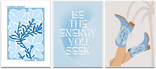Blue Preppy Canvas Wall Art Posters Set of 3 Trendy Cowgirl Boots Home Decor Flower Market Painting Prints Coastal Aesthetic Picture for Girls Bedroom Bathroom Living Room Dorm 12x16Inch Unframed