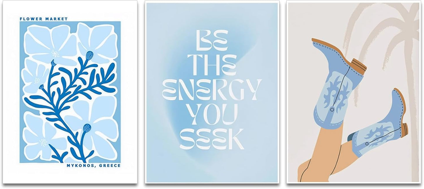 Blue Preppy Canvas Wall Art Posters Set of 3 Trendy Cowgirl Boots Home Decor Flower Market Painting Prints Coastal Aesthetic Picture for Girls Bedroom Bathroom Living Room Dorm 16x24Inch Unframed