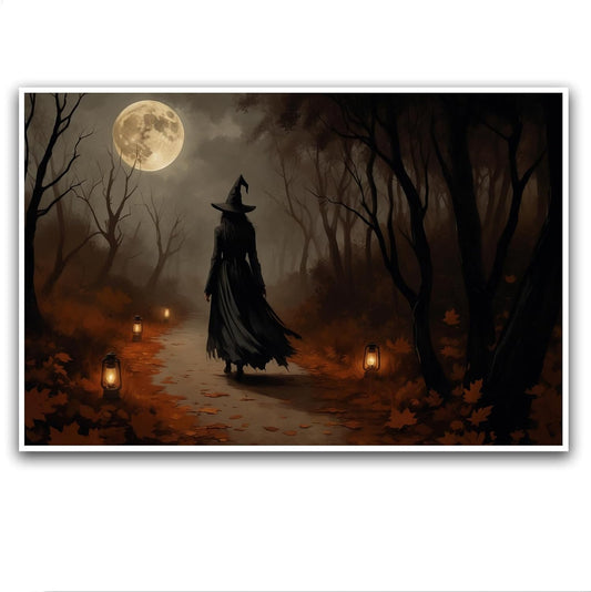 JFHCQJPK Moonlight witch poster dim lantern Halloween decoration Gothic style dark retro college style canvas wall art suitable for living room bedroom28x40in Frameless