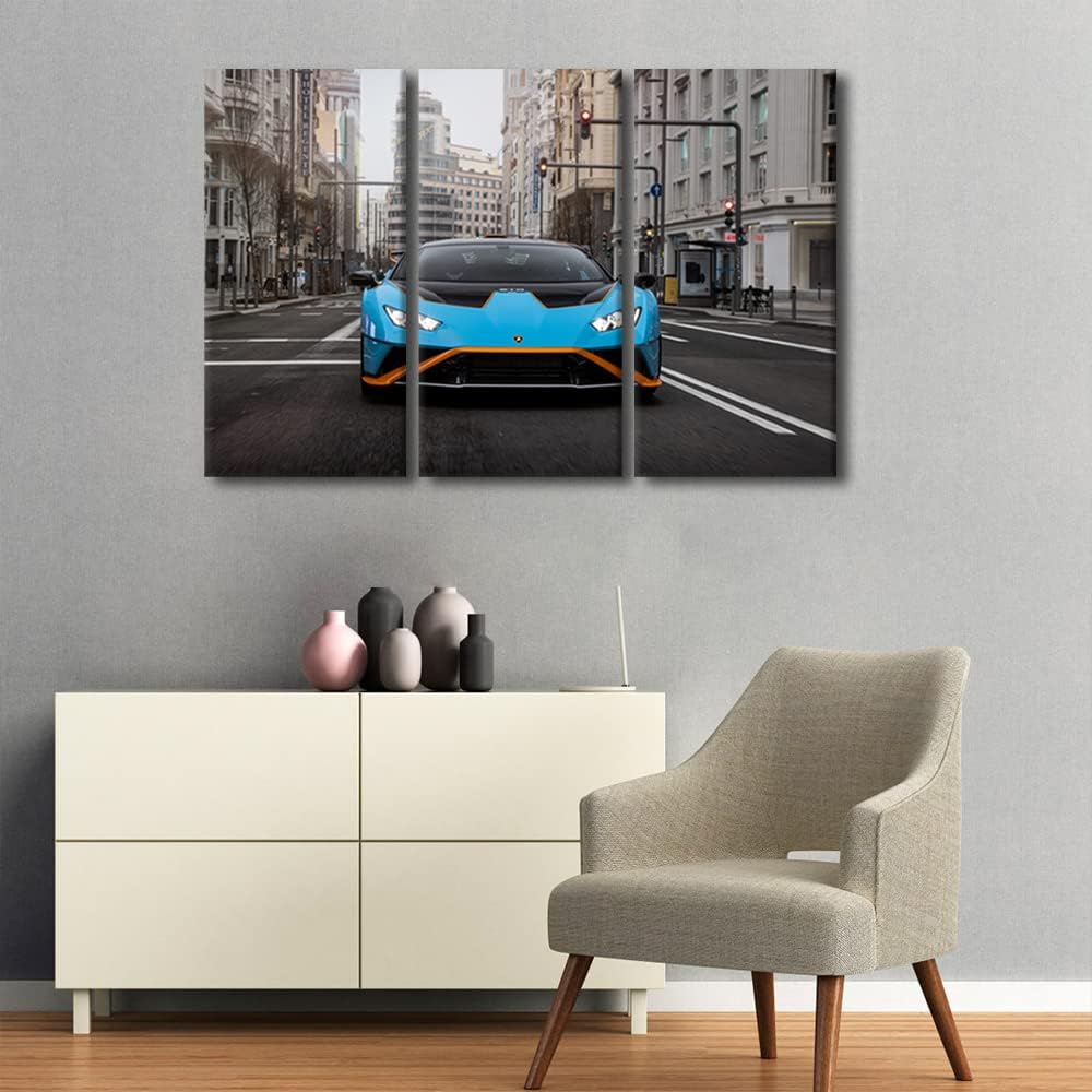 TUMOVO Canvas Art Wall Decor Sports Car on the Street Bedroom Wall Art Pictures for Living Room Super Car Wall Painting 3 Pieces Downtown Modern Wall Art Stretched and Framed Ready to Hang 36" Wx24 H