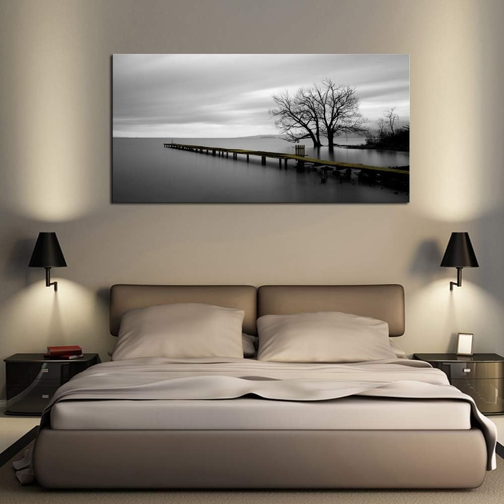 DZL Art S74950 Gray Canvas Prints Modern Minimalist Black and White Lake Trees Landscape Wall Art Painting for Living Room Bedroom Decor Office Wall Decor Home Decoration