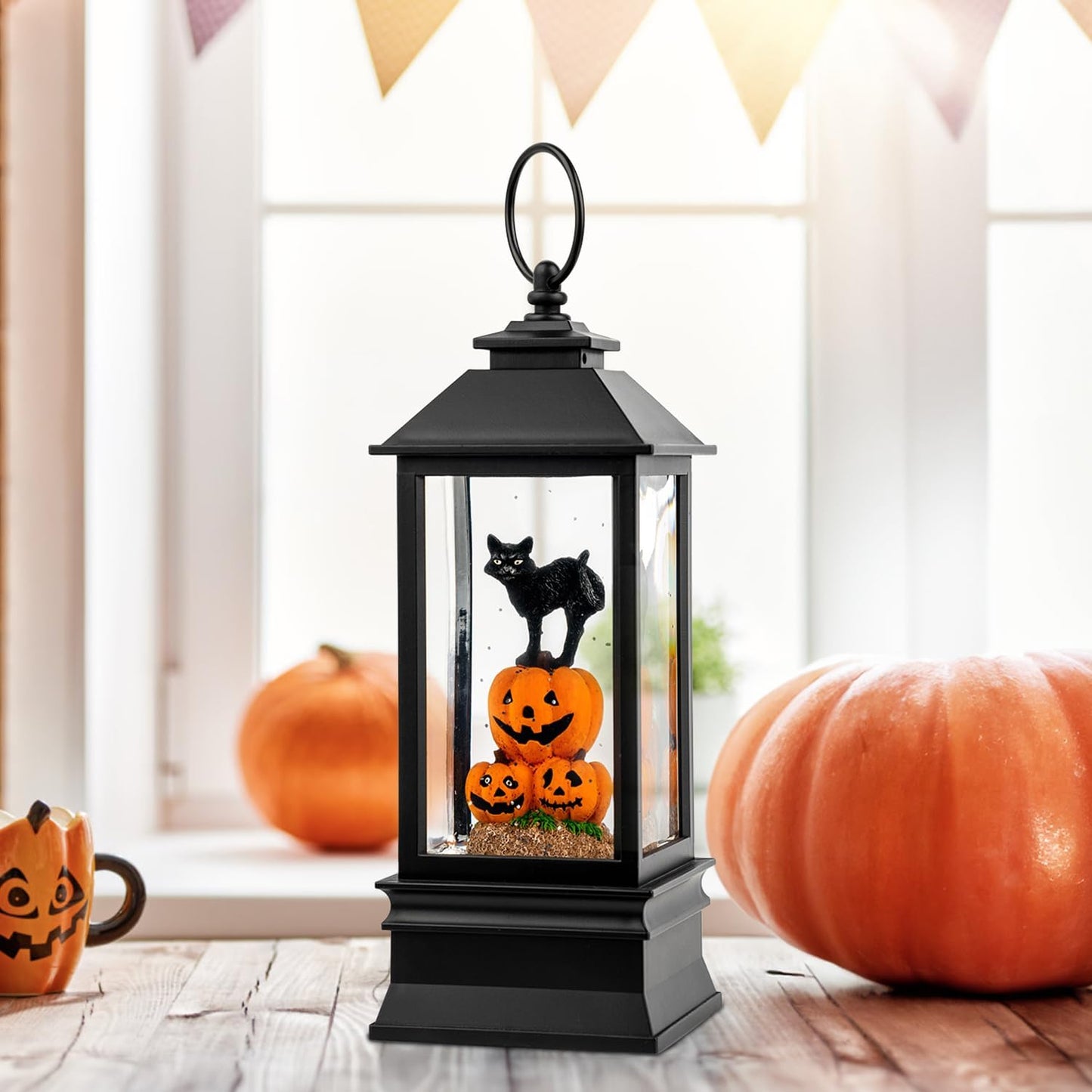 Halloween Snow Globe Lantern Water Glittering Spooky Witch' s Black Cat in Pumpkins with Music, USB Lined/Battery Operated Lighted Lantern for Halloween Festival Decoration Gifts
