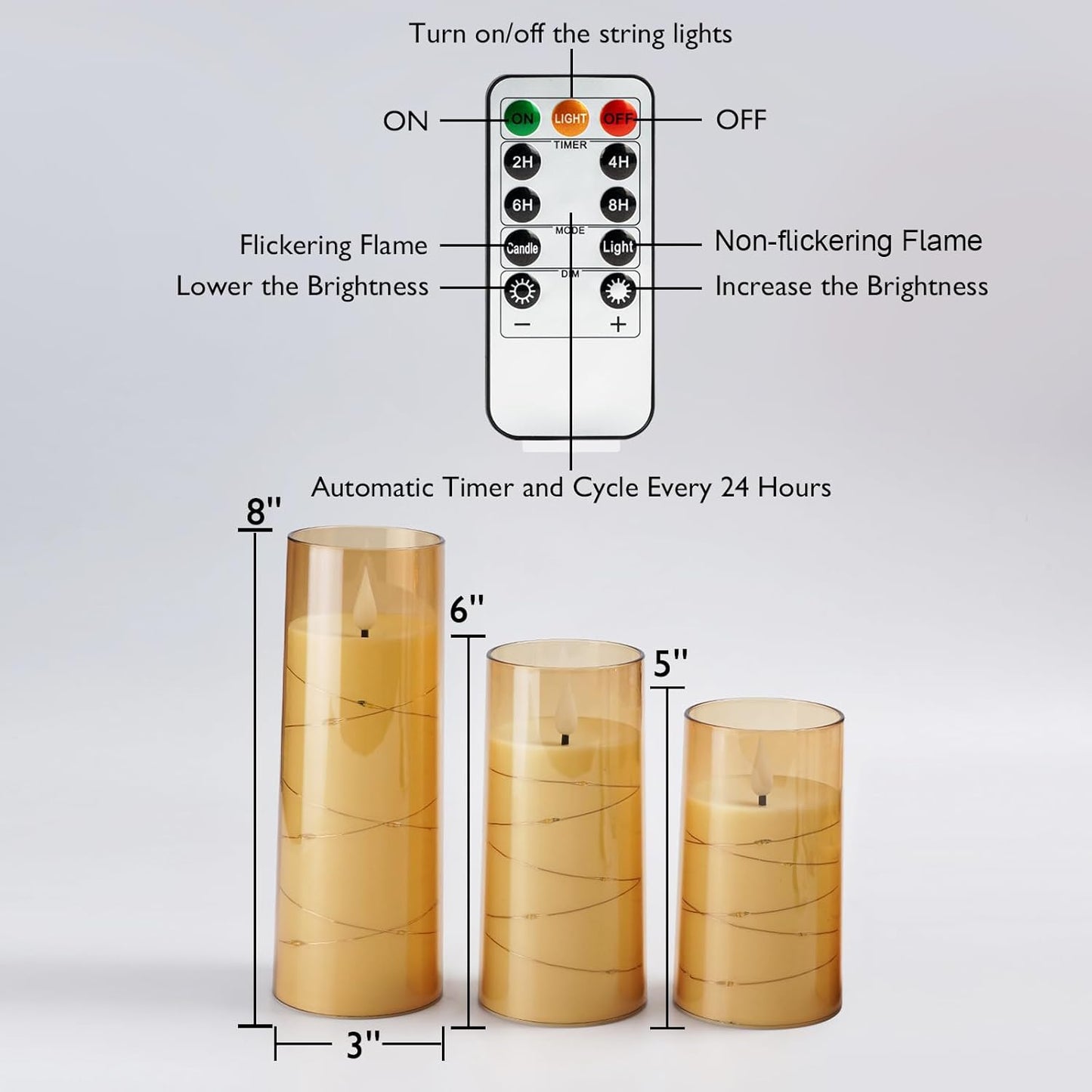 Homemory 9 Pcs Flameless Candles with Embedded Star String Fairy Lights, Battery Operated Candles, LED Candle, Fake Candles with Remote Control and Timer (Gold)