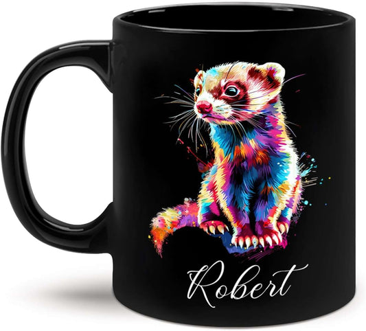 Custom Choose Name Ferret Coffee Mug, Colorful Animal Ceramic Cup, Gift For Ferret Lovers, Personalized 11oz & 15oz Mugs