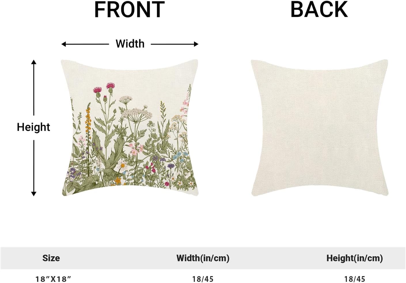 Spring Floral Pillow Covers 18 x 18 Inch Set of 2 Vintage Sage Green Wild Flowers Decor Throw Pillows Wildflower Plant Outdoor Farmhouse Decorative Cushion Cases for Couch Bed Sofa Decoration