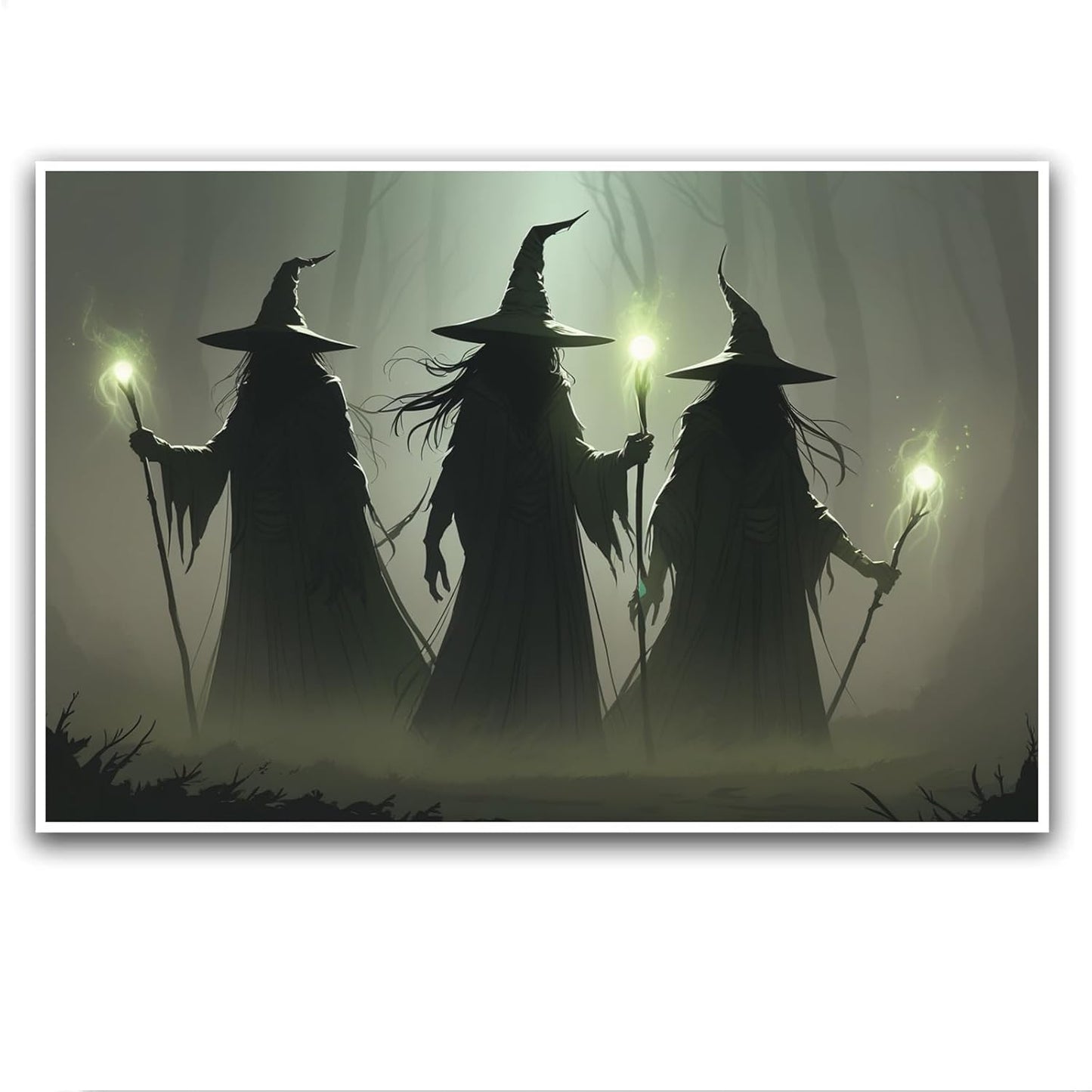 JFHCQJPK Vintage 3 witches canvas wall decor melancholy dark Halloween poster wall decor holding a staff print Gothic horror Halloween painting print for living room bedroom12x16in Frameless
