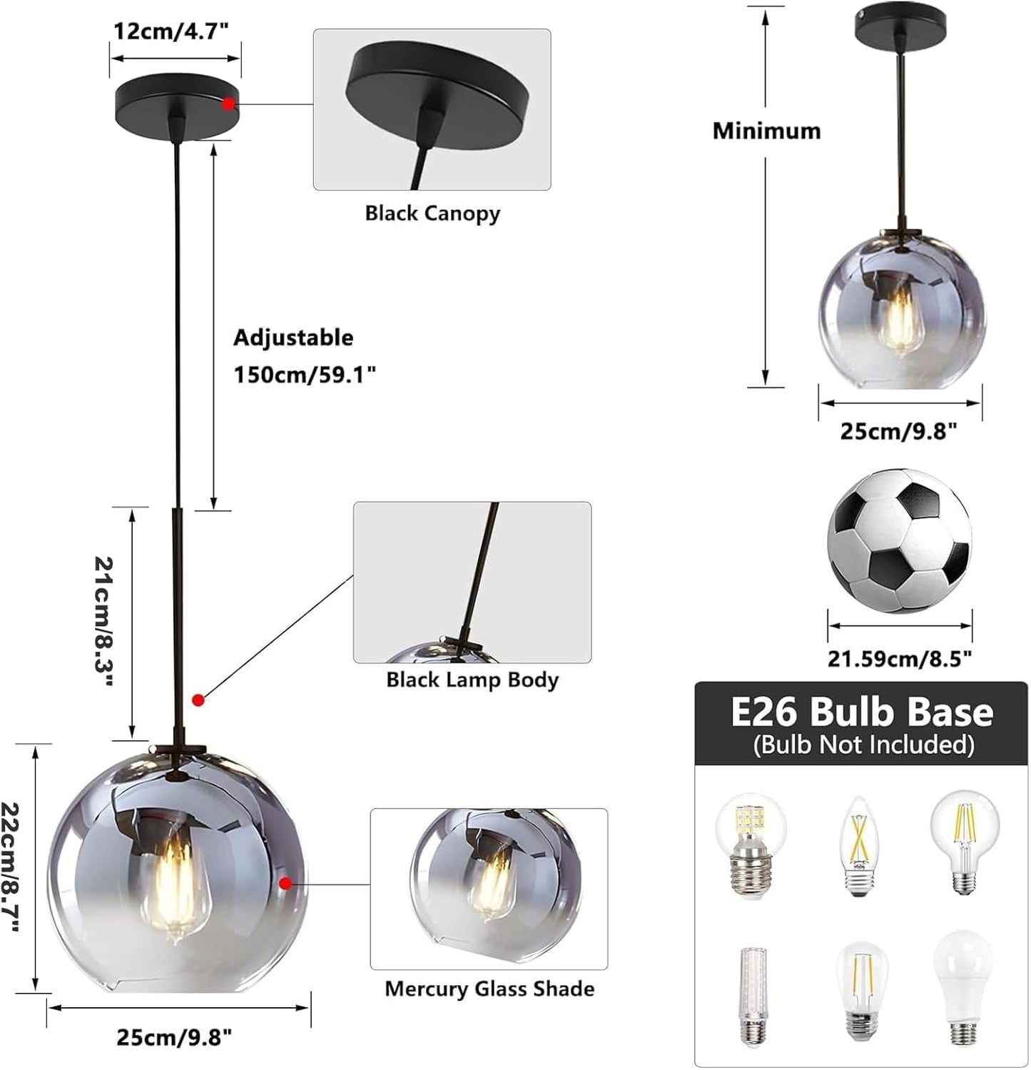 KCO Lighting Mercury Glass Pendant Light Fixtures Mid Century Modern Silver Kitchen Island Pendant Lights Ceiling Hanging Black Large Globe Pendant Light for Living Room Dining Room