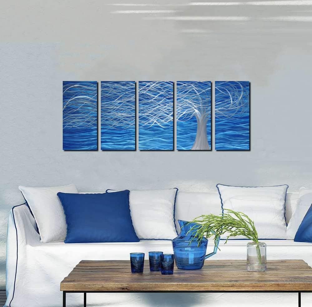 Unique Metal Wall Sculpture, Metal Wall Art with Tree Painting Design, Abstract Modern and Contemporary Décor, Aluminum Blue Artwork, Indoor and Outdoor decoration, 5 panels 64"Wx24"H