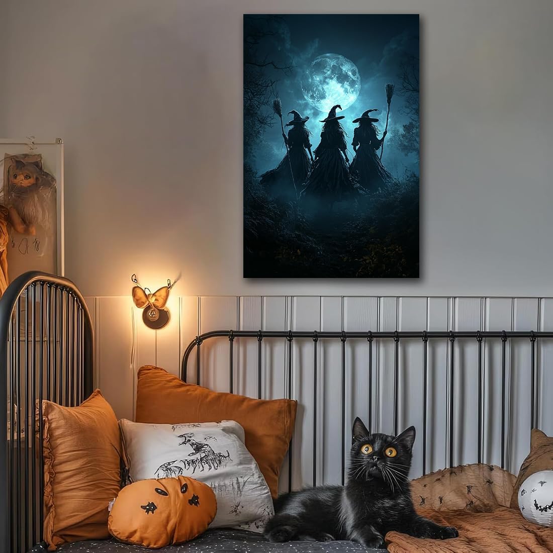 Moonlight Witches Halloween Canvas Art Picture,Three Witches on Broom in Forest Painting Print Gothic Decor,Halloween Witch Poster Witchy Room Aesthetic Bedroom Home Decorations,8"x12" Framed