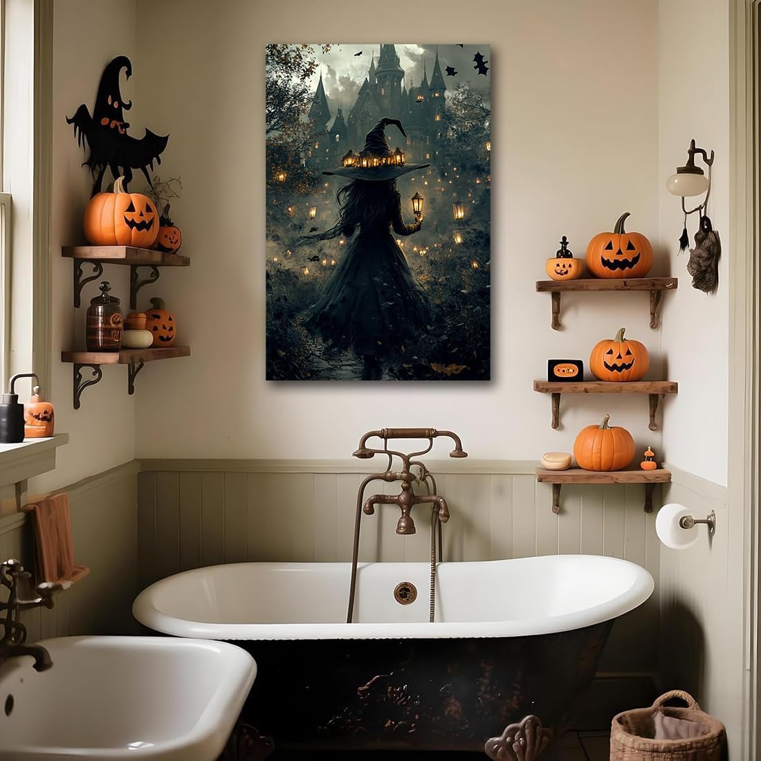 Halloween Witch and Haunted House Canvas Wall Art,Dark Academia Scary Witch Castle Posters Prints,Thriller Horror Gothic Wall Decor Pictures for Halloween Party House Decoration,24"x36" Framed