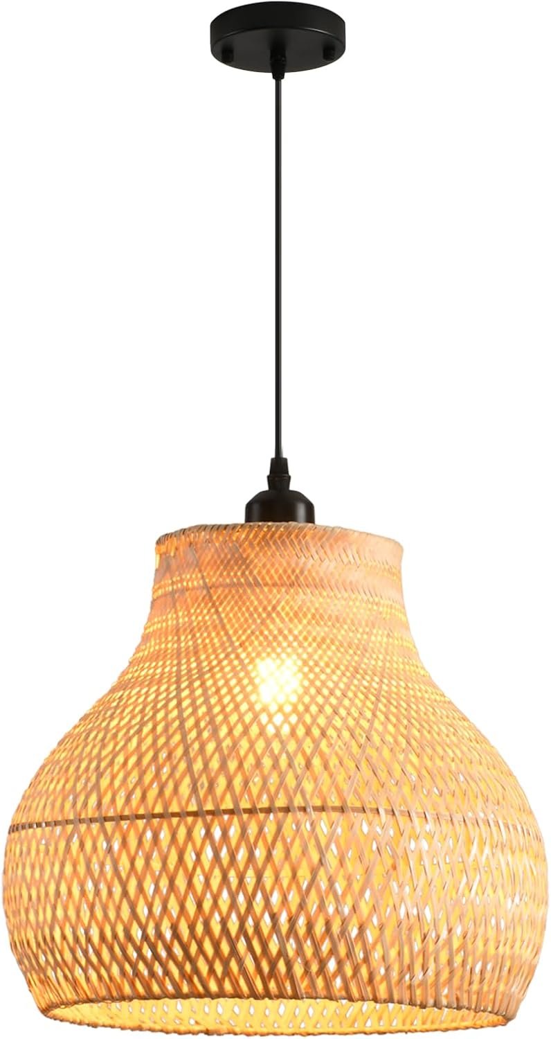 Bamboo Pendant Light 13.39" Hand Woven Rattan Pendant Light,1-Light Bamboo Rattan Ceiling Hanging Light,for Living Room Kitchen Dining Room Farmhouse