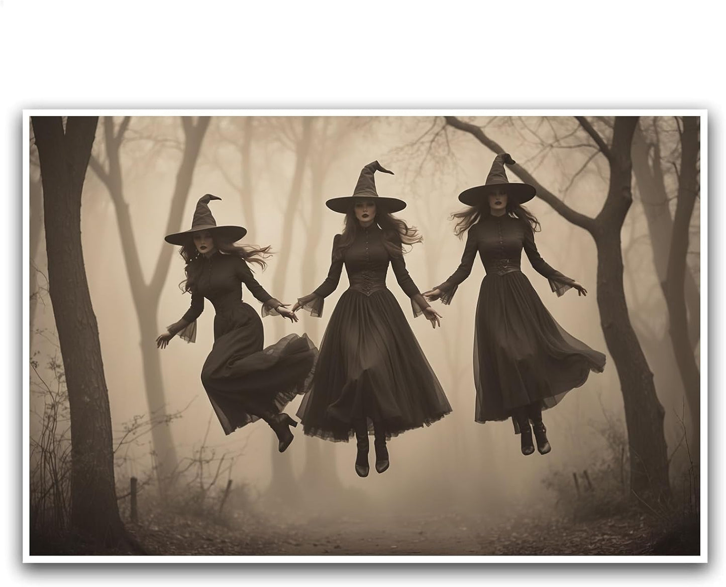 JFHCQJPK Three ghost witches flying in vintage forest gothic wall art witchcraft decoration holiday gift canvas wall art print32x48in Frameless