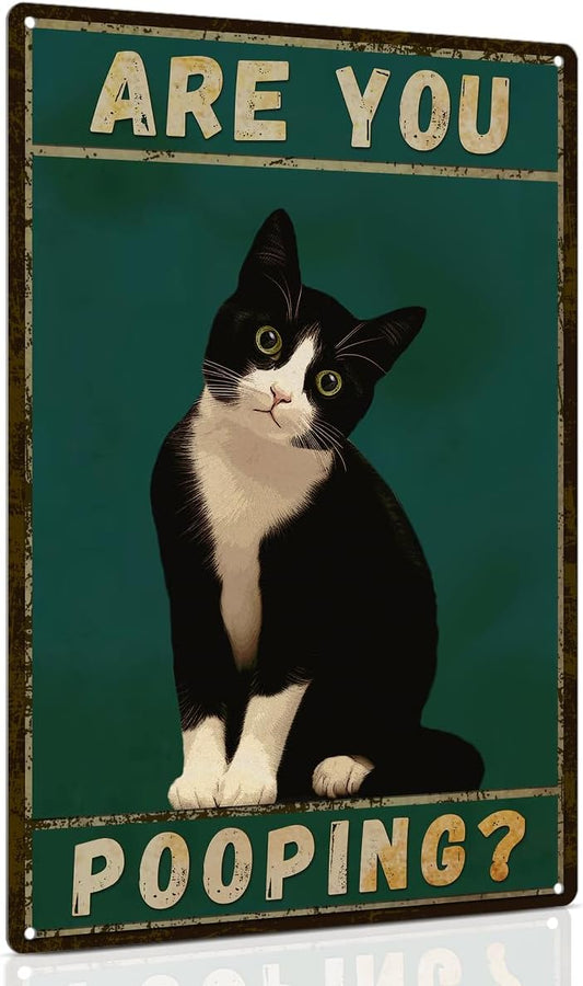 ALKB Tuxedo Cat Decor Are You Pooping Funny Metal Signs 8 x 12 Inch Black Cat Gift for Vintage Bathroom Decor