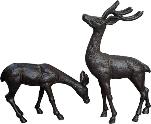 Elegant Pair of Cast Iron Deer Sculptures -22" and 11.4" Tall Male and Female Set for Outdoor Garden Decor, Realistic Animal Statues HC3672-5691
