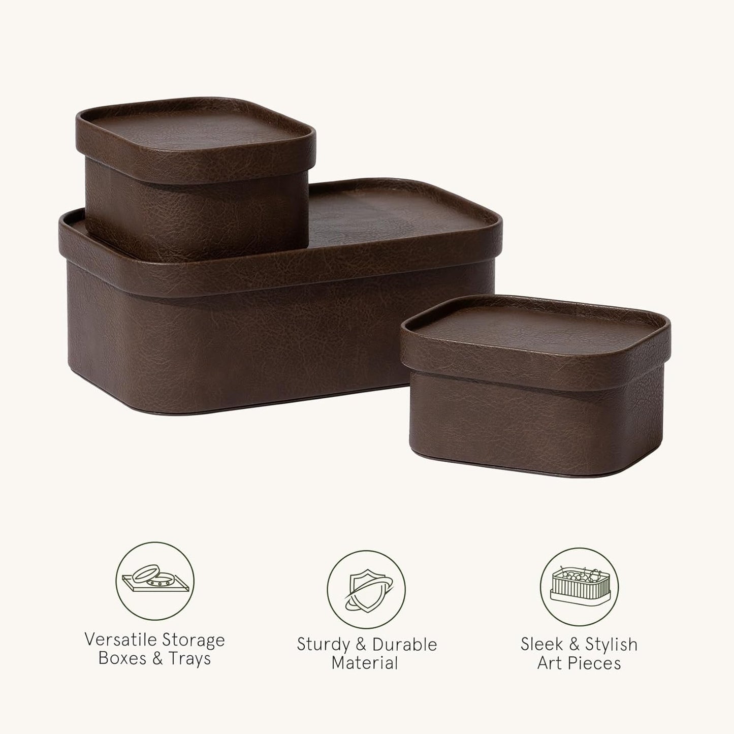 La Jolie Maison Vegan Leather Storage Boxes with Lids, Set of 3 Decorative Storage Containers Organize Stackable Storage Box, Mocha