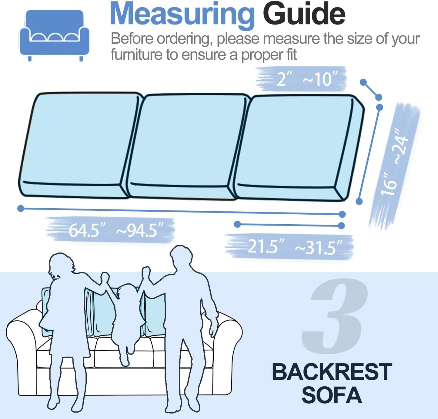 Large Backrest Cushion Covers Super Stretch Backrest Covers for 3 Cushion Couch Sofa, Couch Back Cushion Covers Featuring with Chenille Yarn (Softer Version, 3PC, Blue)