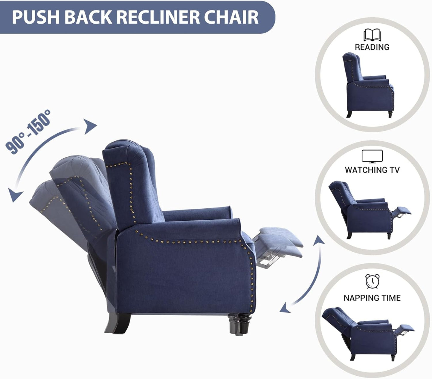 EBELLO 2 Pcs Pushback Recliner Chairs, Fabric Armchair Push Back Recliner with Rivet Decoration, Single Sofa Accent Chair for Living Room, Bedroom, Blue