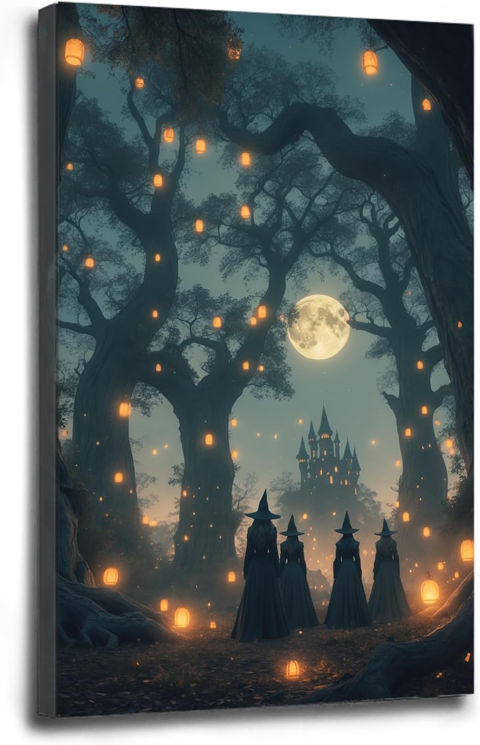 Mysterious creek painting witch and castle in magic forest art print canvas gothic print dark college decoration poster for home bedroom20x30in Wood Framed