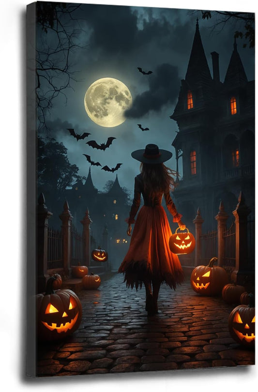 Halloween theme poster moonlit autumn night witch vintage poster art print dark college style gothic painting canvas wall decoration bedroom living room ideal gift28x40in Wood Framed
