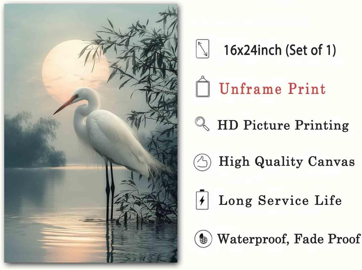 White Heron Wall Art Watercolor Heron Print Vintage Crane Bird Pictures Japanese Crane Painting Watercolor Bird Artwork Sunset Abstract Wall Art Coastal Living Room Decor 16x24inch No Frame