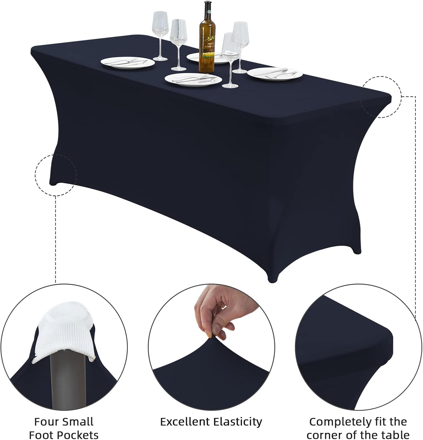 CWK 6FT Waterproof Stretch Spandex Table Cover for Rectangular Tables - Elastic Fitted Tablecloth for Folding Tables,Wrinkle Resistant Table Cloth for Parties, Weddings, Banquets & Events (Navy Blue)