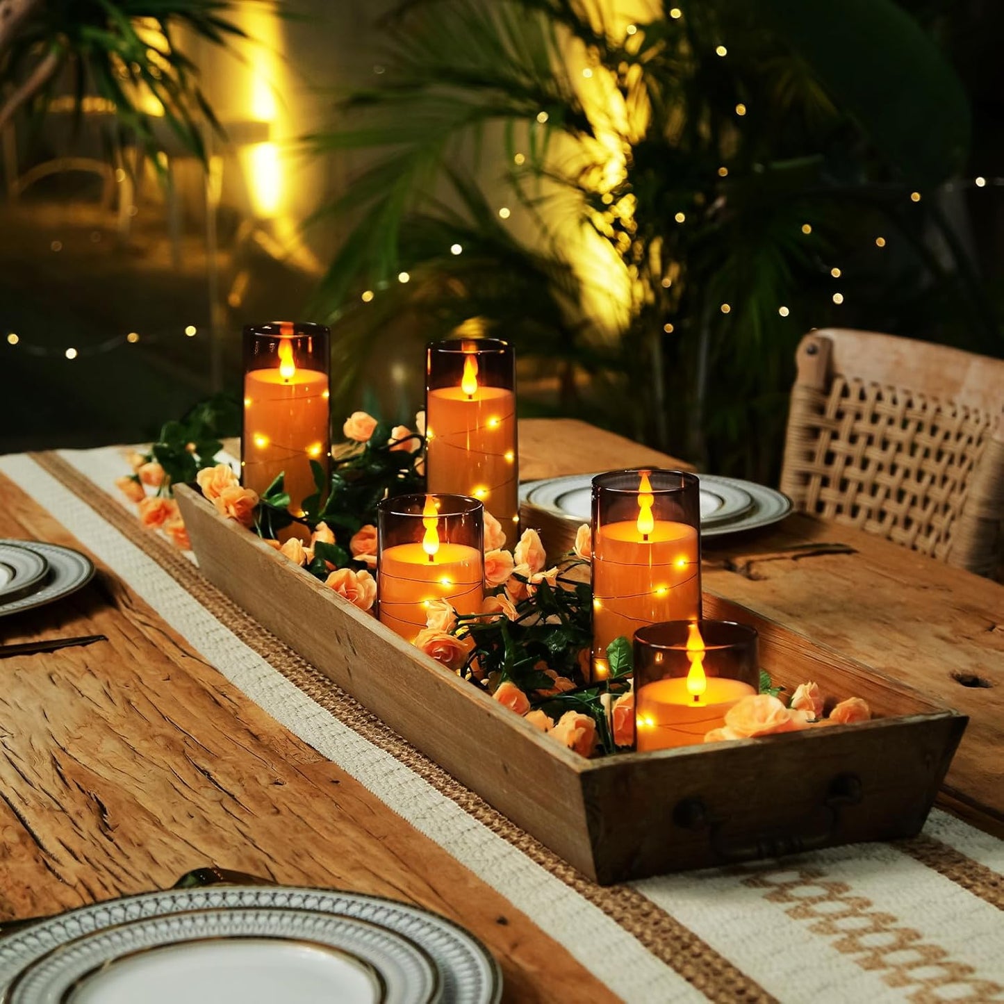 Homemory Flameless Candles with Embedded Star String Fairy Lights, Battery Operated Candles, LED Candle, Fake Candles with Remote Control and Timer for Halloween, Gray Acrylic, Set of 5(H4"5"6"8"8")