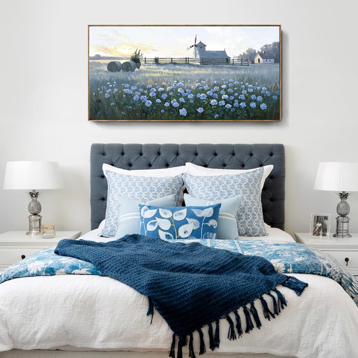 amatop Extra Large Wall Art Bedroom – Framed Country Landscape Canvas Art Blue Floral Field Windmill Print with Natural Wood Frame Rustic Wildflower Picture Home Decor for Living Room Office 58x29 Inch