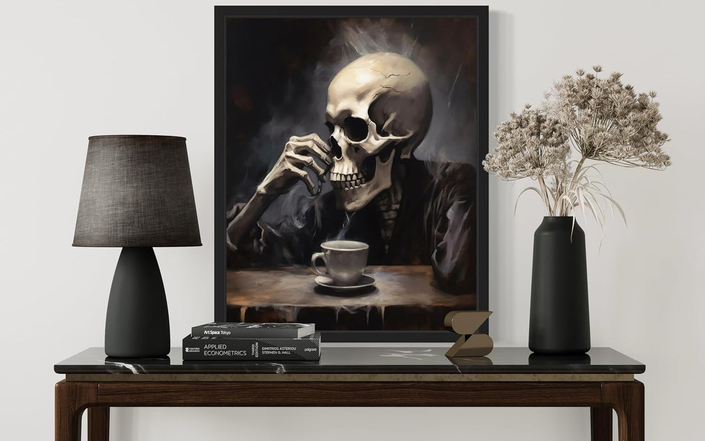 Skull Drinking Coffee Poster Art Print, Halloween Scary Vintage Wall Art Academia Spooky Painting Decoration for Horror Prints, Gothic Posters Bedroom Decor 89 (Skull Drinking Coffee, 11 x 14 inches, Unframed)