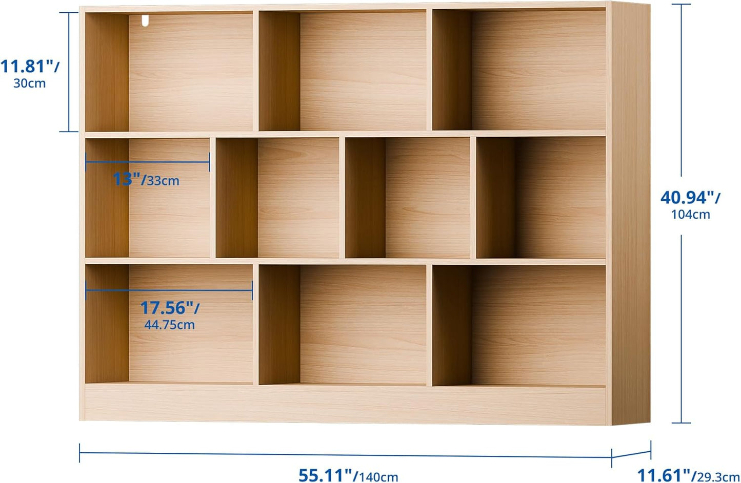 Cozy Castle Oak Bookshelf, 3-Tier Open Shelf Bookcase, 10 Cube Storage Organizer with Anti-Tilt Device for Bedroom, Living Room, 55.11" W x 11.61“D x 40.94“H