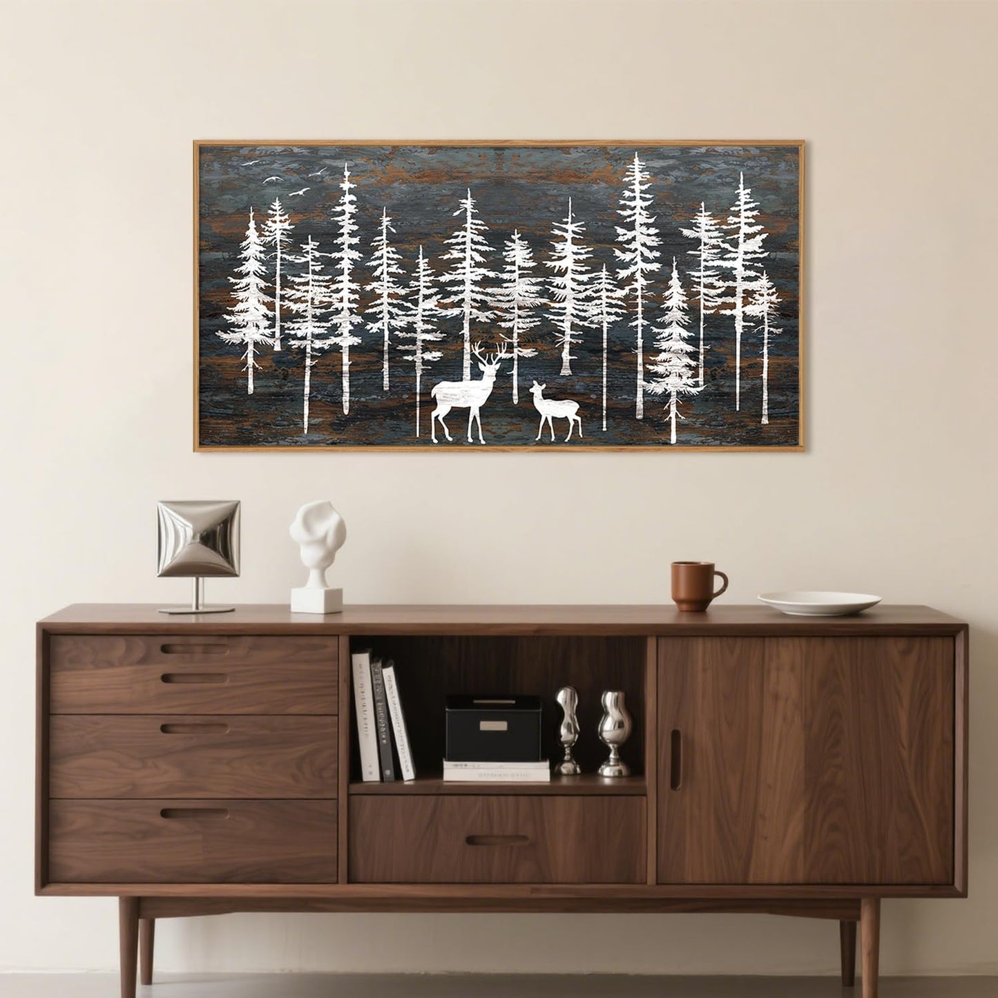 Modern White Forest Framed Canvas Wall Art Set, Minimalist Woodland Art Painting, Retro Tree Landscape Wall Decor, Wildland Deer Artwork for Living Room, Dining Room, Office - 20"x40"
