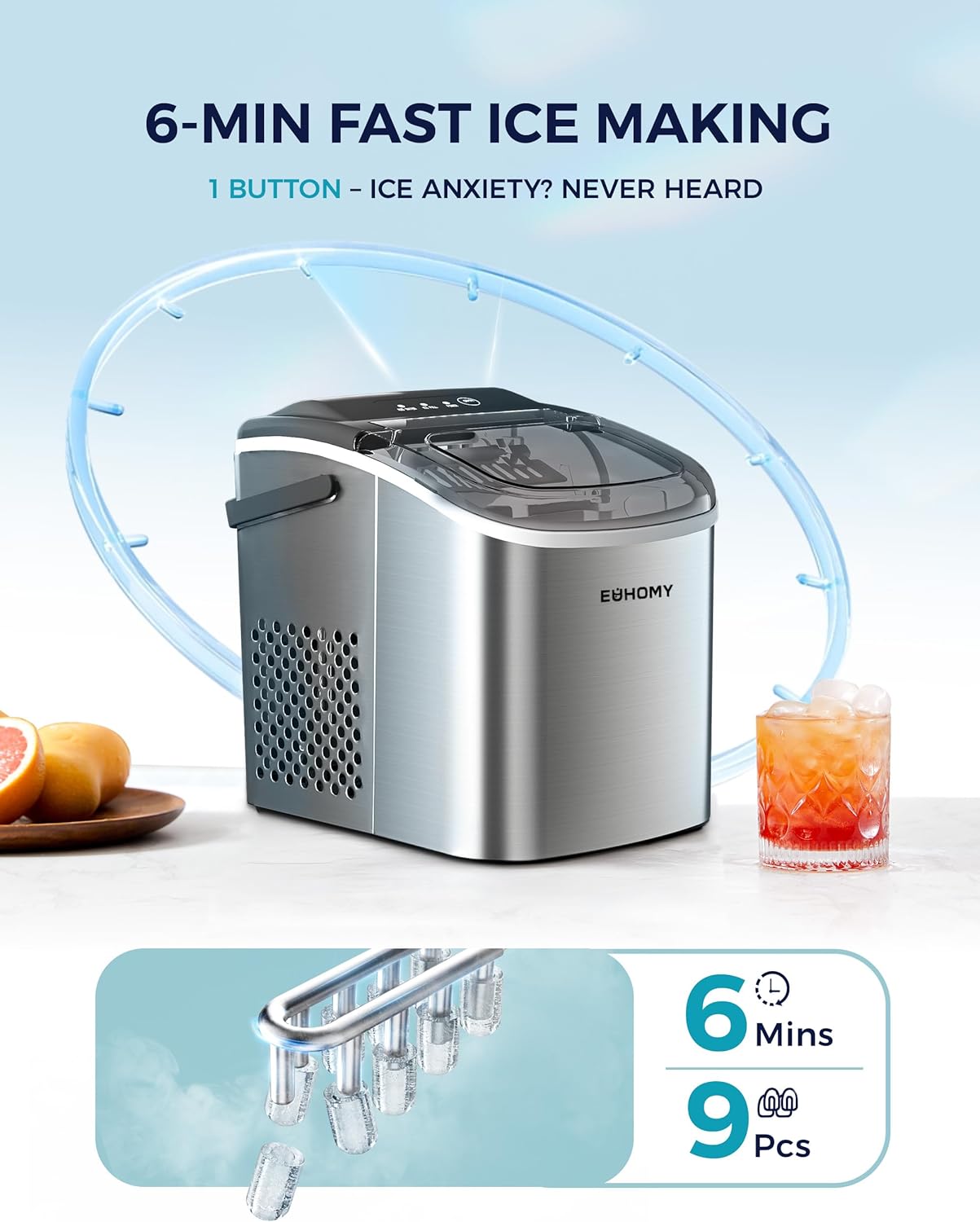 EUHOMY Countertop Ice Maker Machine with Handle, 26lbs Per Day, 9 Ice Cubes Ready in 6 Mins, Auto-Cleaning Portable Ice Maker with Basket and Scoop, for Home/Kitchen/Camping/RV (Silver)