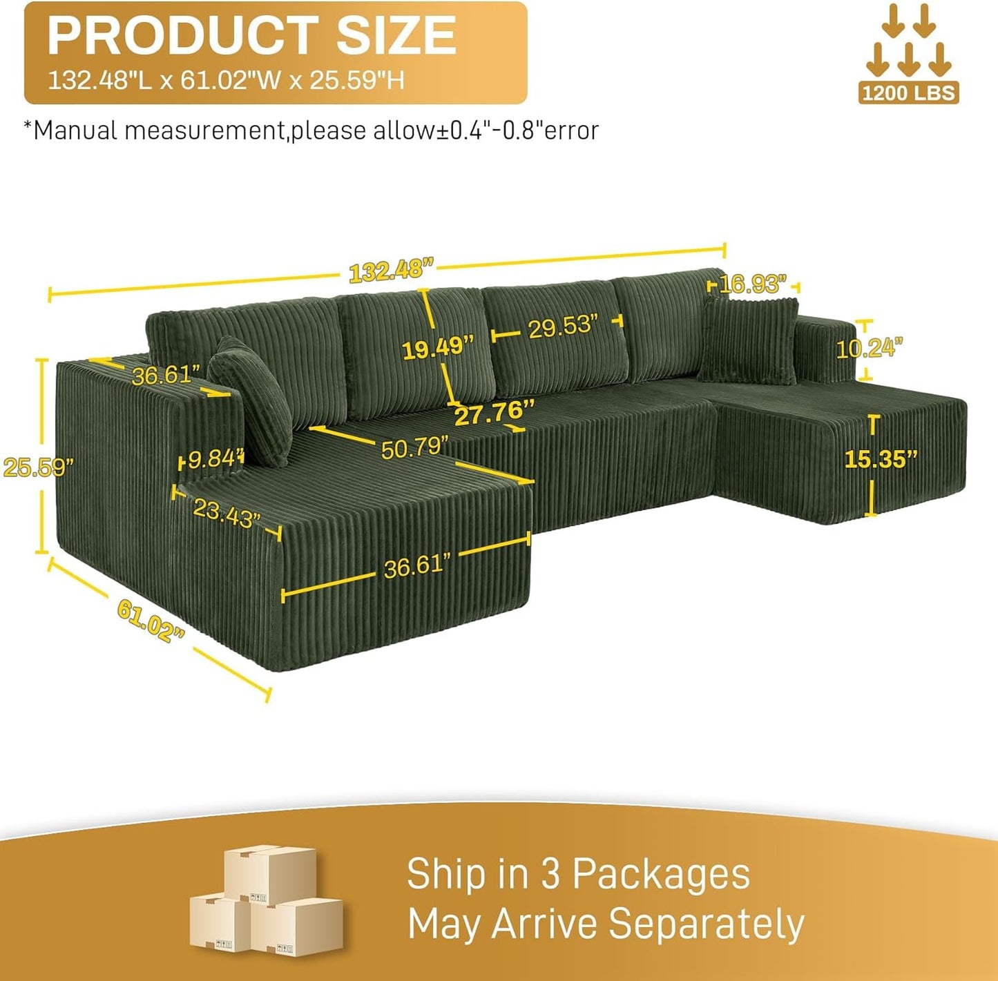 HYJT-H&K Modular Sectional Sofa Cloud Secttional Couch, 132" Comfy U Shaped Couches for Living Room, Deep Seat Memory Foam Fluffy Plush Corduroy Boneless Couch Sectionals with Chaise, Green