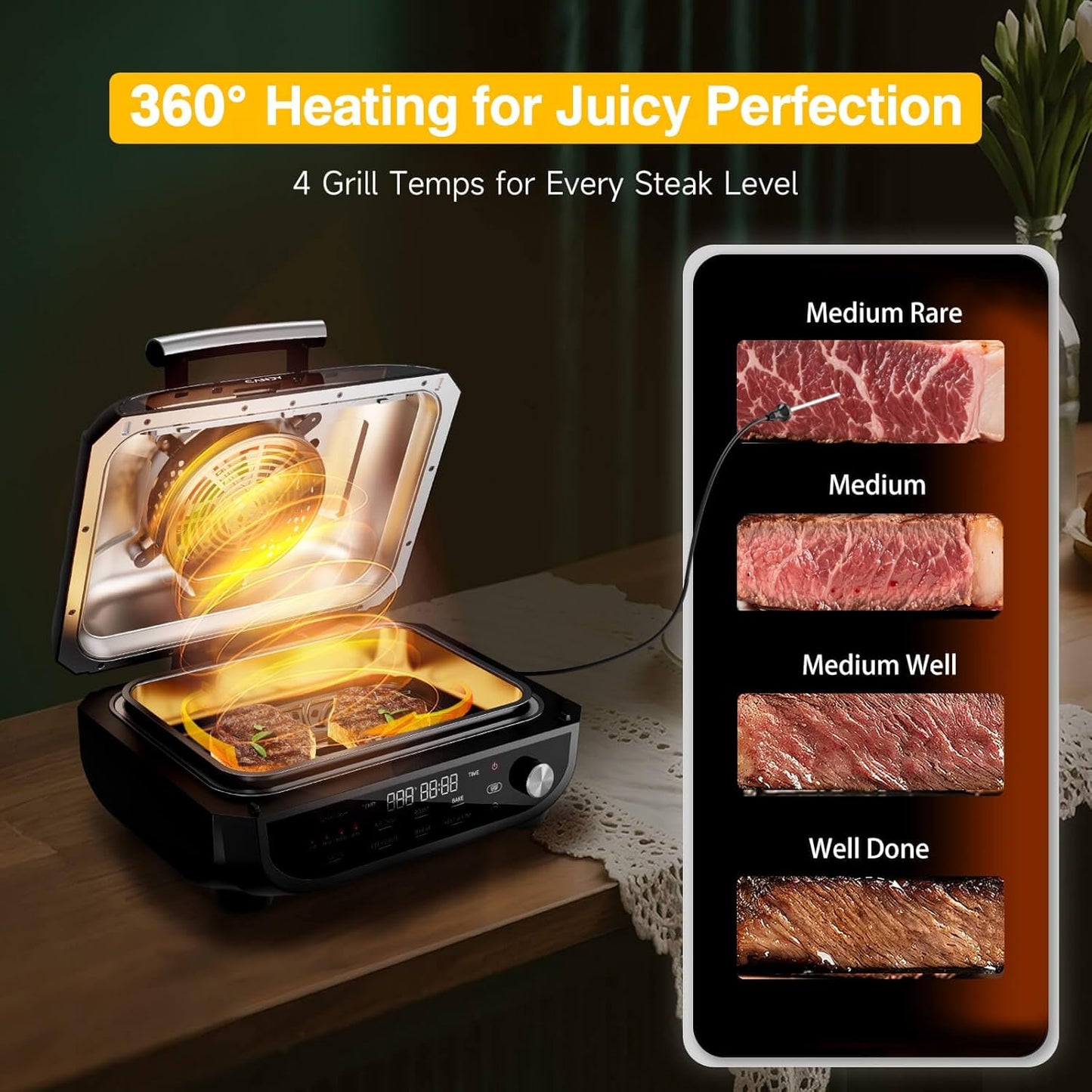 Indoor Grill and Air Fryer Combo with Ceramic Accessories, 7-IN-1 Digital Display, 5.2 QT Electric Smokeless, 500°F Max, Large View Window, Roast, Bake & Dehydrate, Adjustable Temps, Easy Clean