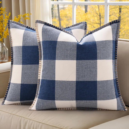 decorUhome Buffalo Plaid Check Throw Pillow Covers 20x20 Set of 2, Outdoor Decorative Farmhouse Neutral Pillow Covers with Stitched Edge for Bed Couch Sofa, Navy Blue and White