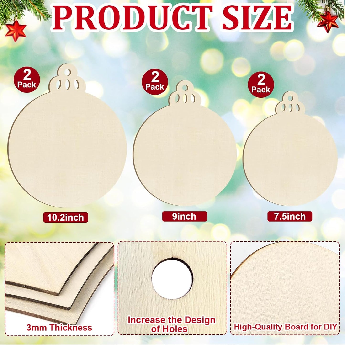 Hollow Wooden Ball Ornaments for Paint Christmas Decorations Cutouts Unfinished 6Pack, Wood Bell for Crafts DIY Blank Cutouts Ornament Winter New Year Decorations 3 Size