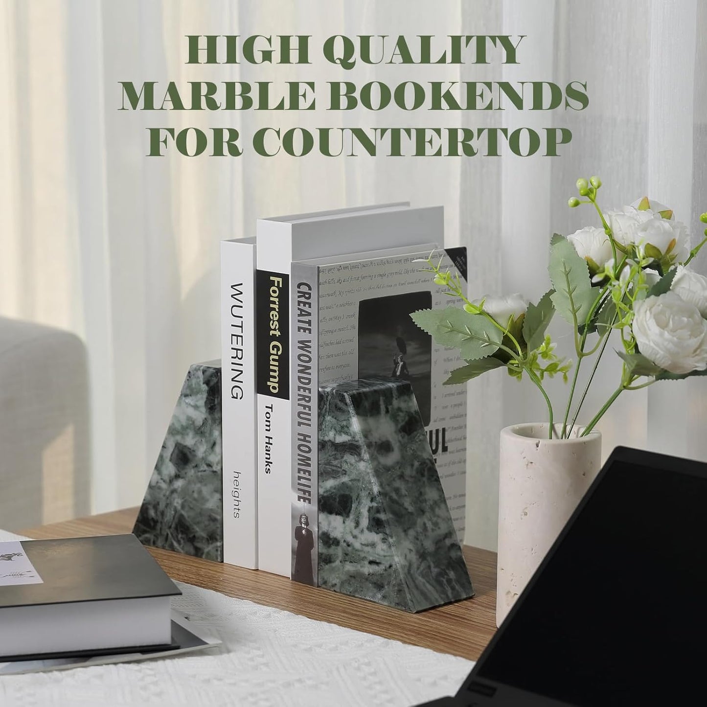 Marble Bookends for Heavy Books, Decorative Bookends for Shelves, Green Stone Book Ends, Heavy-Duty Book Ends for Hardback Book & Cookbooks, Unique Book Stopper & Holder, Set of 2