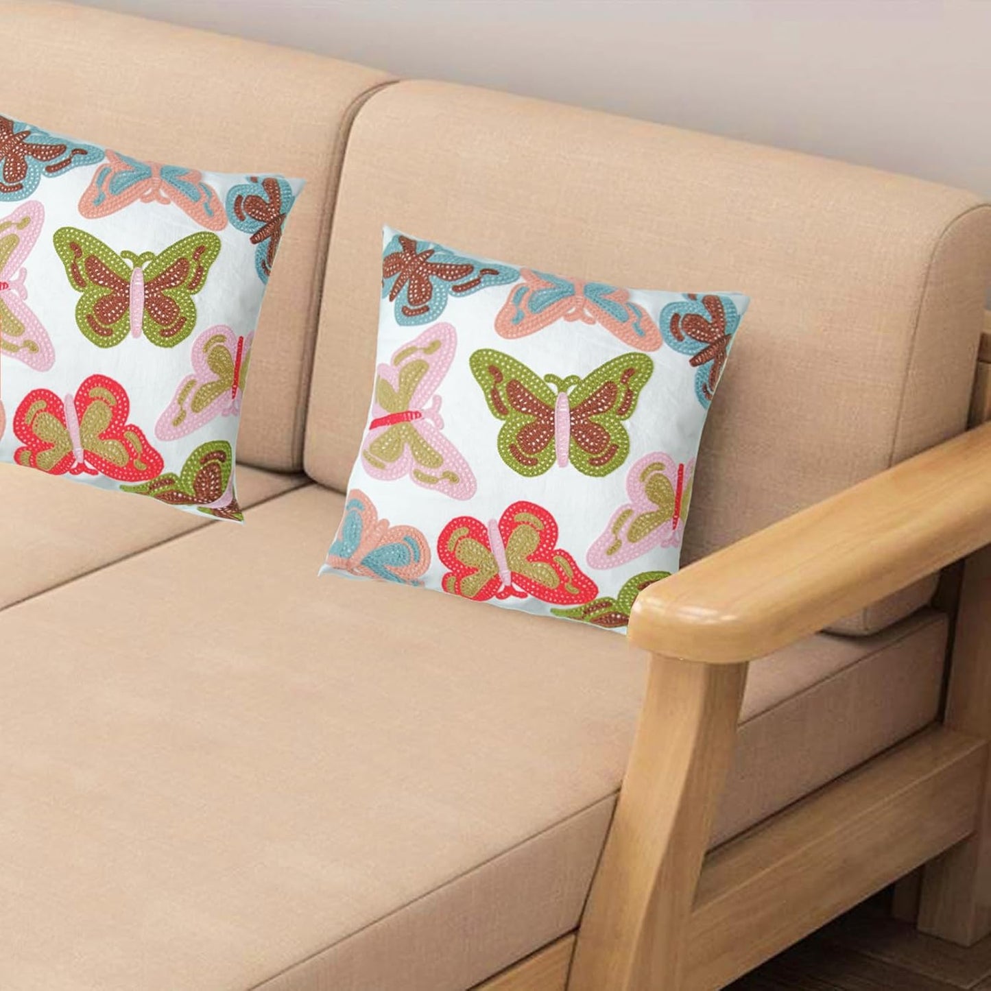 Embroidered Decorative Throw Pillow Cover, 18"x18" Set of 2, Farmhouse Pillowcase Colorful Butterfly Knit Pattern Cotton Canvas Cushion Case Square Floral Pillow Case for Sofa Couch Bed Living Room