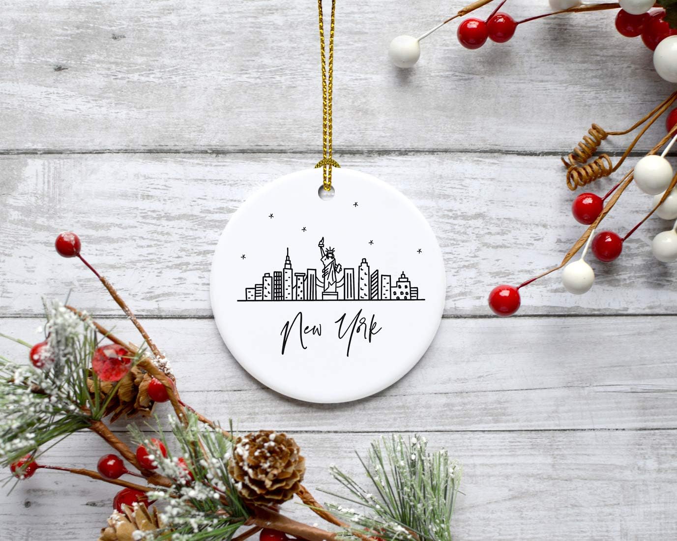 Andaz Press Round Ceramic Porcelain Christmas Tree Ornament, New York, Black And White Stars City Skyline 1-Pack Birthday Ideas Family Coworker, NYC Christmas Ornament New York City Christmas Ornament
