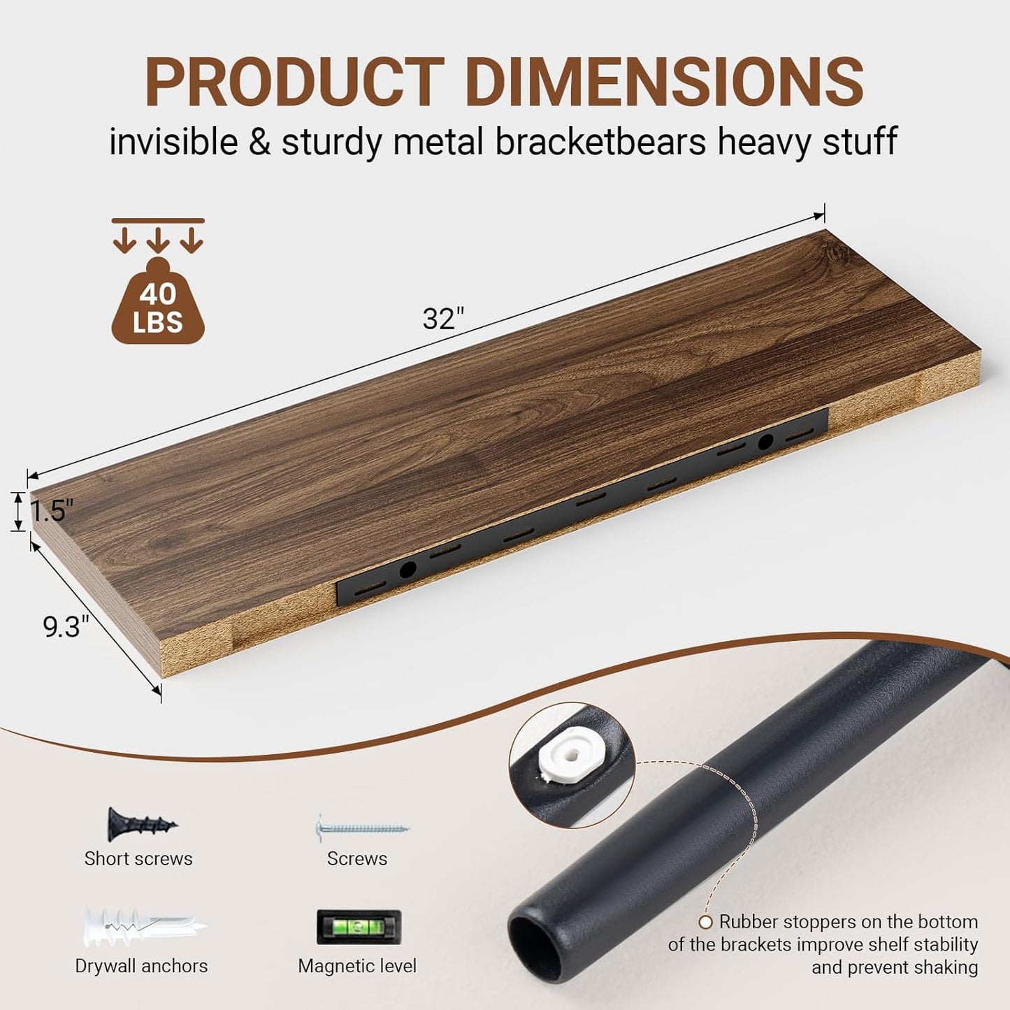 Heimlove 32 Inch Floating Shelves for Wall,Walnut 9.3" Deep Floating Shelf Set of 2,Wall Mounted Shelves for Bathroom Bedroom Living Room Kitchen Office,Shelf for Books Storage Room,Home Decor