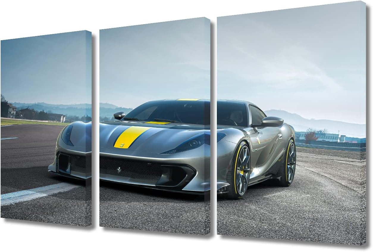 TUMOVO Supercar Wall Art for Living Room Gray Sports Car Canvas Wall Art Car on the Runway Pictures Modern Wall Decor Art for Teen Boys Mens Bedroom Office Paintings Framed Ready to Hang, 36" Wx24 H