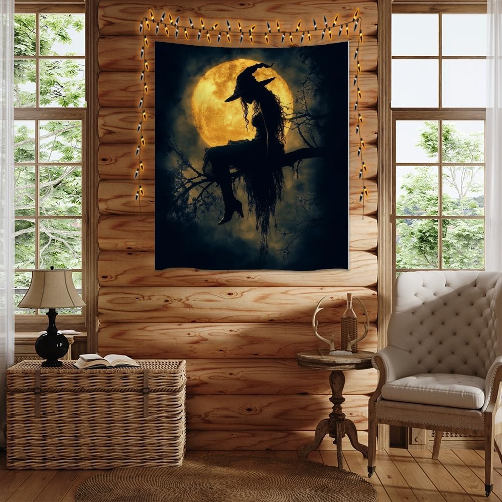 Halloween Witch Tapestry Wall Art Witchcore Moon Aesthetic Print Dark Academia Gothic Tapestries Wall Hanging Horror Ghost Halloween Party Decor for Home Living Room Bedroom 40x60inch