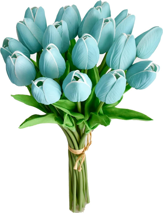 Mandy's Artificial Tulips 20 Stems Robin Egg Blue PU Faux Flowers for Wedding Home Decor 13.5 Inch