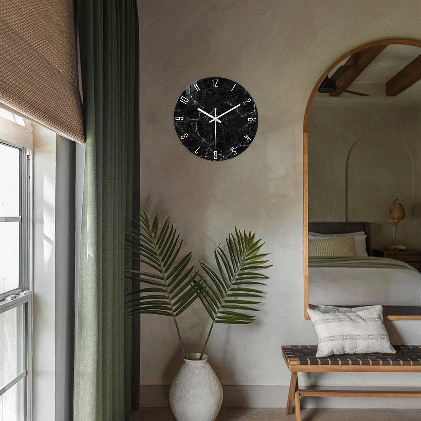 Big Wall Clock for Living Room Decor Marble Glass Wall Clock Battery Operated 16 Inch Black Wall Clocks Non Ticking