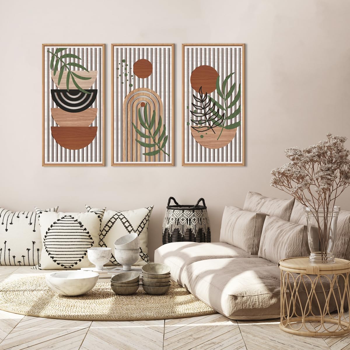 IARTTOP Large Boho Wood Wall Art Framed 16x32 Inch Mid century Modern Wooden Wall Decor Abstract Bohemian Minimalist Art Decor for Bedroom Living Room Office Set of 3