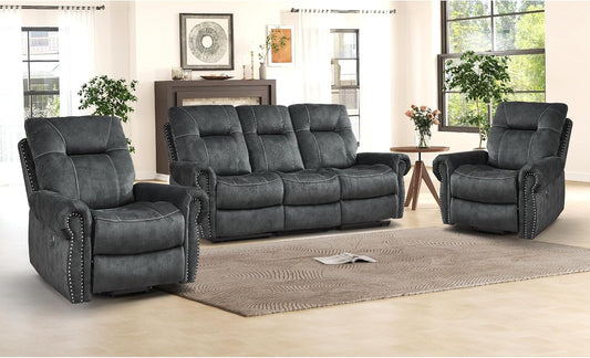 EBELLO 3 Pieces Reclining Couch Furniture Set for Living Room, Double 1 Seat Power Recliner Chair with Massage and Heat, a 3 Seater Manual Sofa, Vintage Rivet Mid-Century Design, Grey