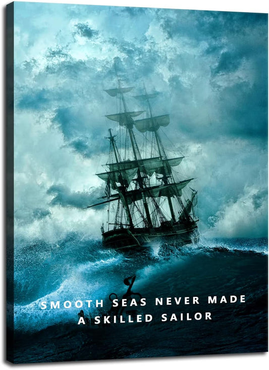 Smooth Seas Never Made A Skilled Sailor Inspirational Wall Art Motivational Canvas Poster Entrepreneur Quote Picture Home Office Decor Painting Framed and Stretched Ready to Hang [18''W x 24''H]